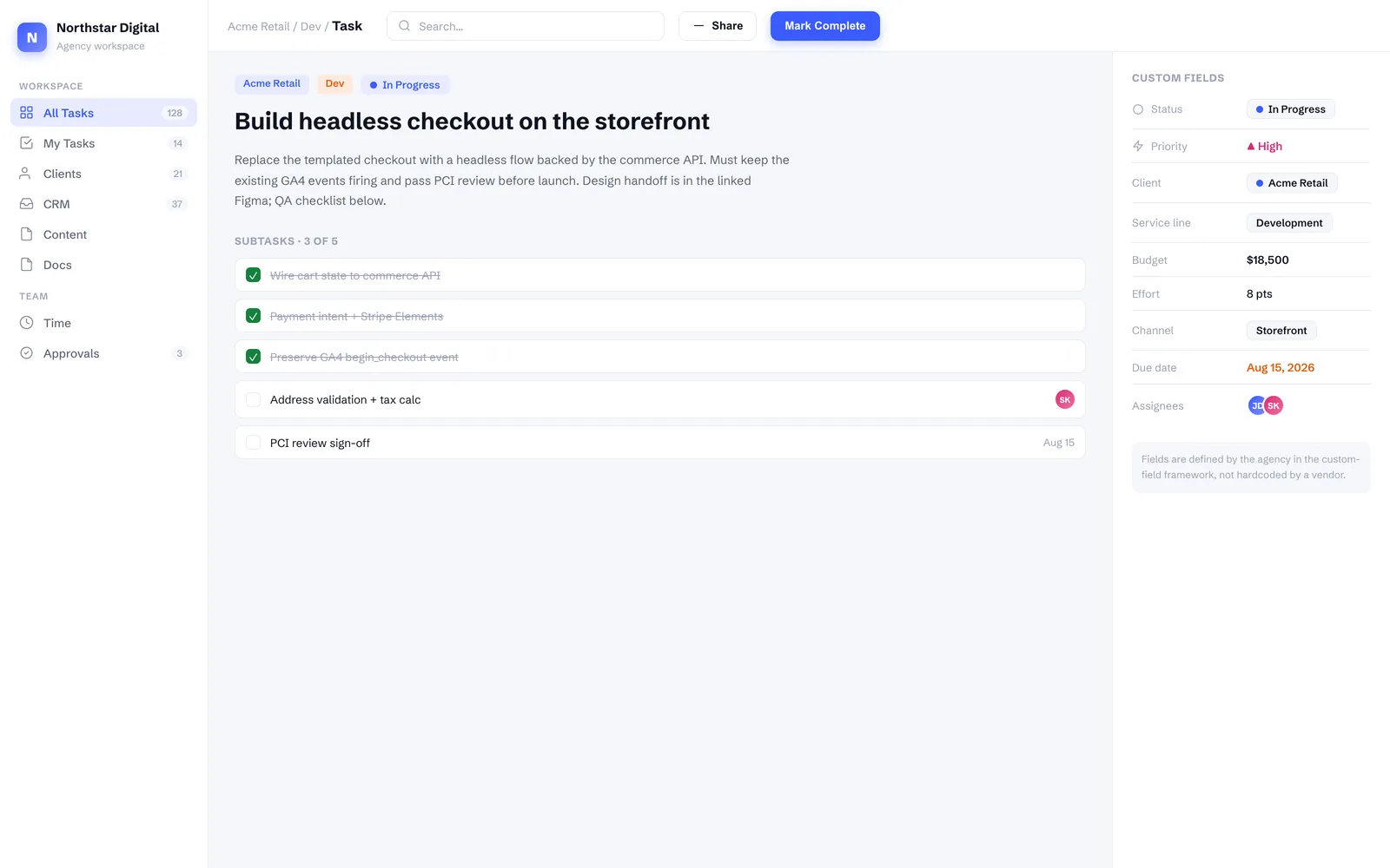 A task detail with the agency's own custom fields