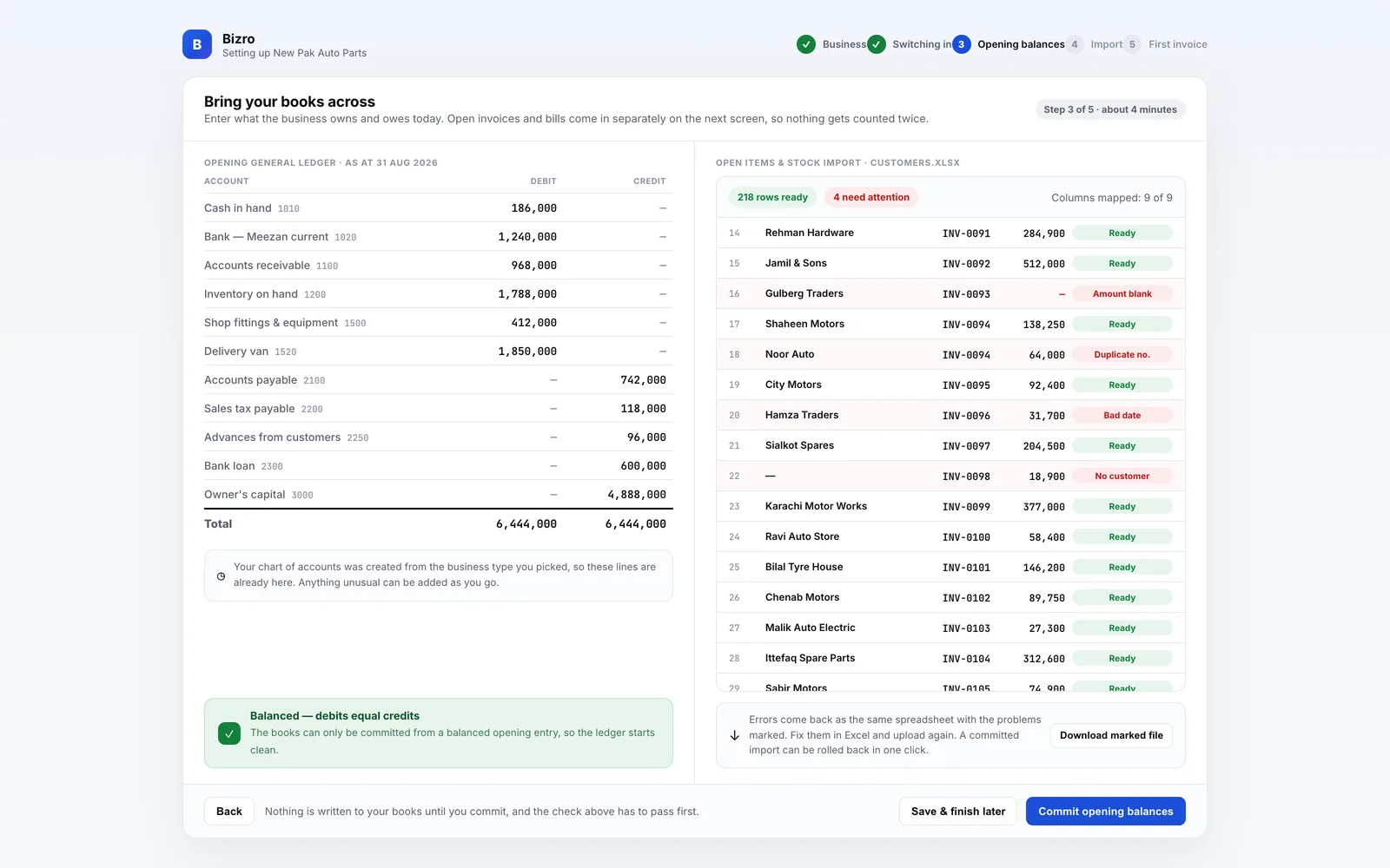 Switching in: opening balances gated on a balance check, with the import preview beside it