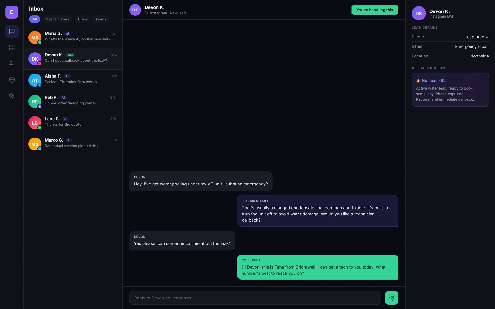 The shared human-takeover inbox across all channels
