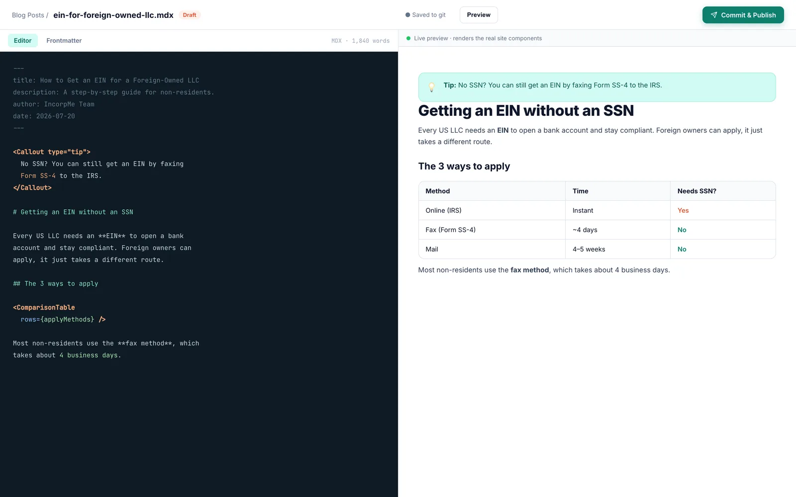 The git-based MDX editor with a live, component-accurate preview