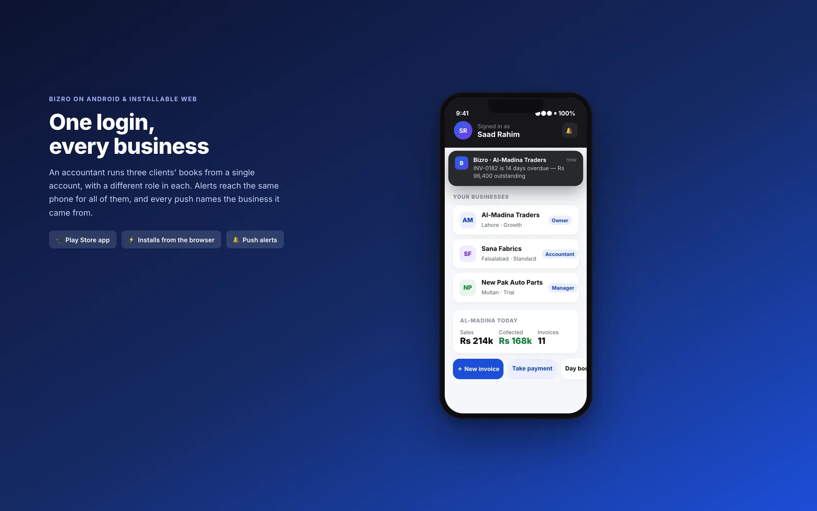 One login across several businesses, on the Android app and installable web
