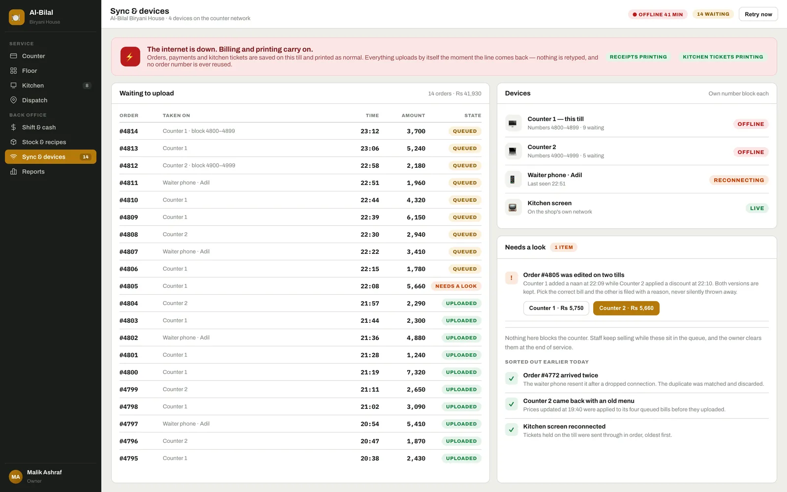 Offline: orders waiting to upload, each device's number block, and the queue for anything ambiguous